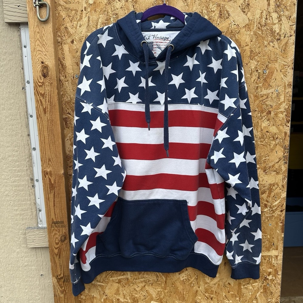 US Vintage Hoodie Stars & Stripes Red Blue American Flag Unisex XL
